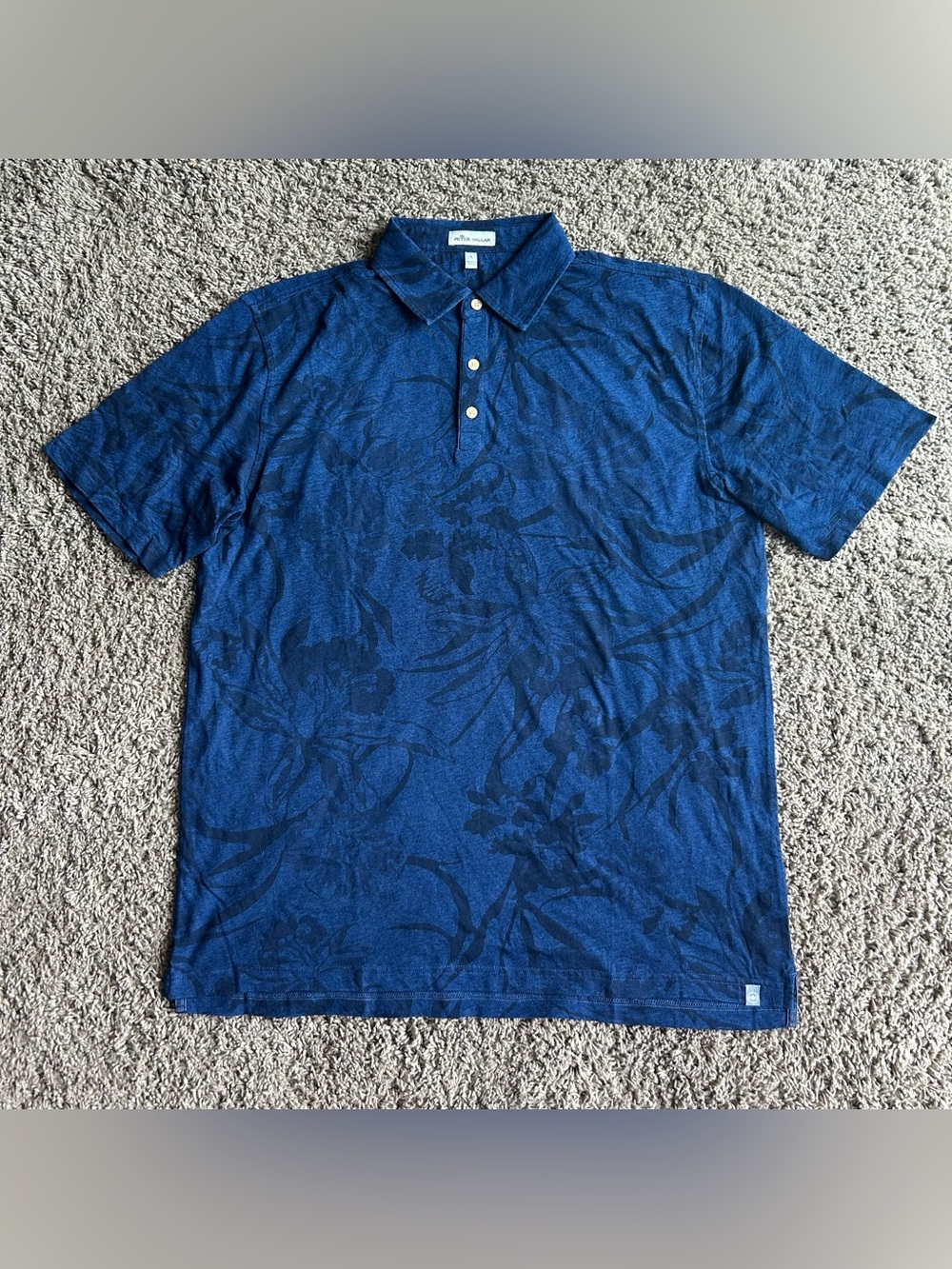 Peter Millar Golf Polo Mens Large Blue Botanical Leaf Jacquard Performance Shirt